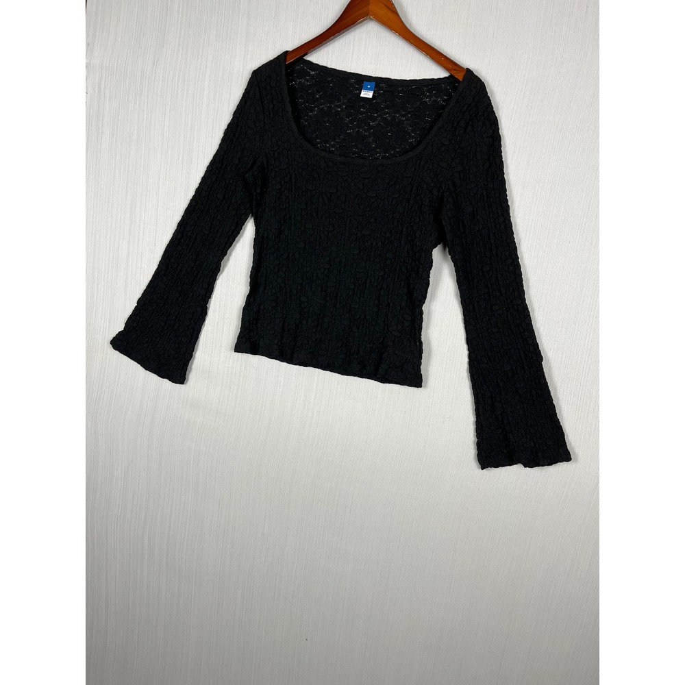Scoop Neck Lace Textured Long Sleeve Top M Old‎ Navy Black Whimsigoth Dark Fairy